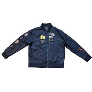 Grunt Style Bomber Jacket Mens XL Navy Full Zip Patriotic Military Patches *READ